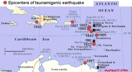 Fig. 5. The chart of the Caribbean Sea with epicenters of tsunamigenic  earth-quakes and location of tsunamigenic landslide in the Lesser Antilles.