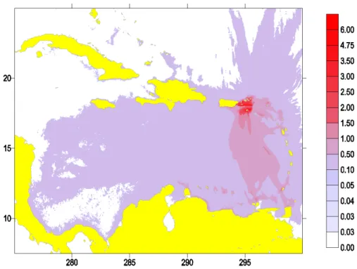 Figure 3. The (directivity diagram of tsunami propagation) distribution of computed maximum  positive tsunami amplitudes (The horizontal and vertical axes are western longitude and northern  latitude, respectively