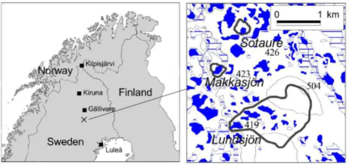 Fig. 1. Map showing the study area and the three study lakes Makkassj¨on, Lundsj¨on and Sotaure