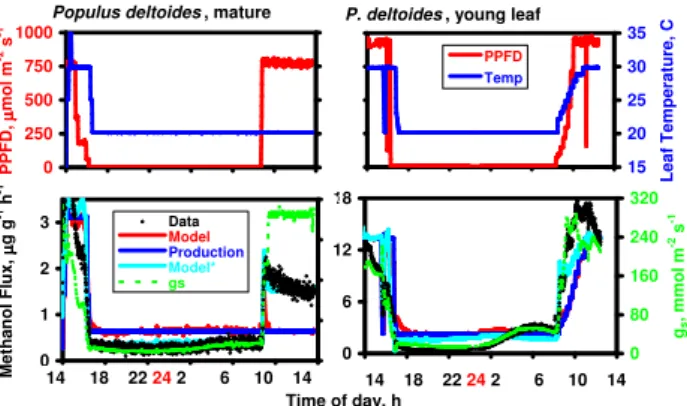 Fig. 14. Methanol emission data measured over 24 h on two leaves of Populus deltoides, one mature (left panels) and one immature (right panels)