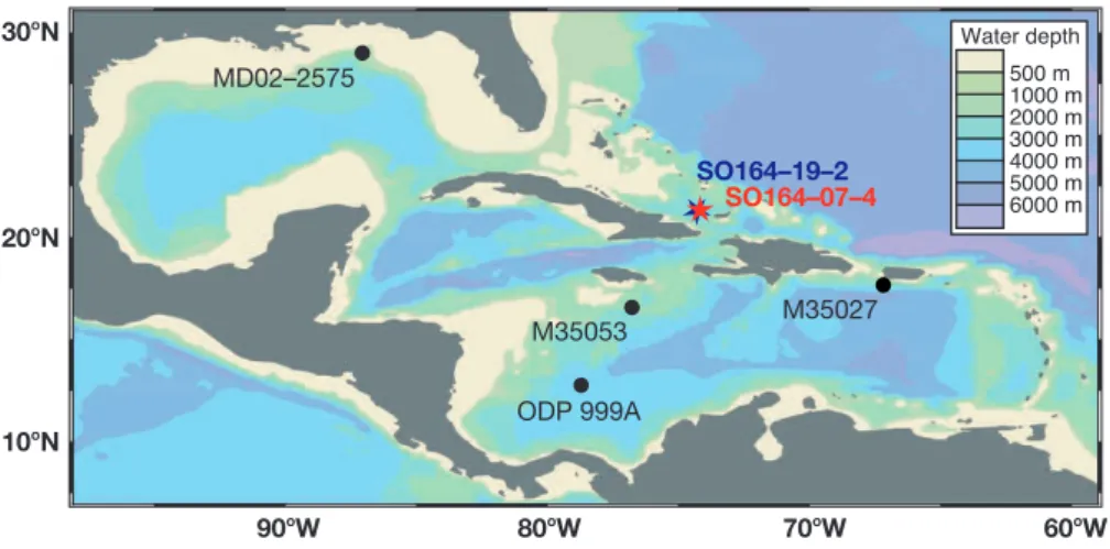 Fig. 1. Bathymetric chart of the Caribbean and the Gulf of Mexico generated with Ocean Data View (Schlitzer, 2002): Stars indicate the site locations of the examined sediment cores SO164-07-4 and SO164-19-2