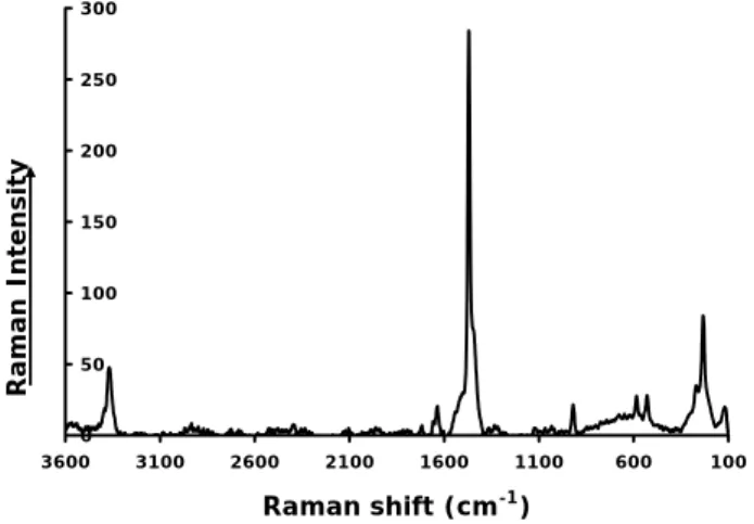 Fig. 8. Raman spectrum of a crystal with mixed signatures of an unidentified carbonate mineral and weddellite