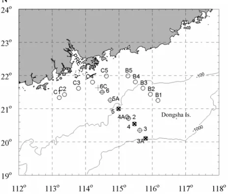 Fig. 1. CTD and sampling stations in the northern South China Sea. + : CTD and sampling stations in May 2001; ×: stations only for CTD in May 2001; : CTD and sampling stations in November 2002; PRE: the Pearl River Estuary; Dongsha Is.: Dongsha island.
