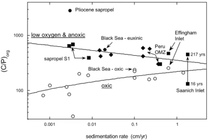 Fig. 3. Compilation of average molar carbon to phosphorus in buried sedimentary organic matter (C/P org =POC/POP) for various modern and recent marine depositional environments showing the dependence on the redox state of the bottom waters