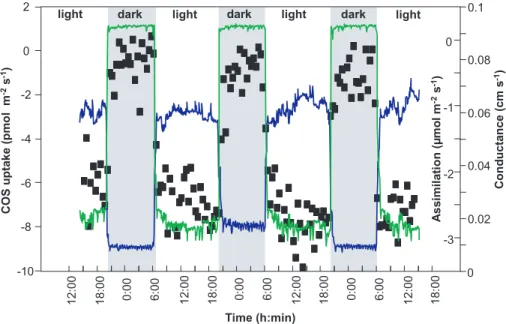 Fig. 1. Exchange (negative = uptake) of carbonyl sulfide (COS, filled squares) in relation to branch conductance (blue line) and CO 2 exchange (green line) for European beech (Fagus sylvatica L.).