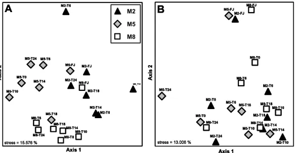 Fig. 5. NMS ordination plots of DGGE banding patterns of (a) free-living (≤5.0≥0.2 µm) and (b) particle-associated bacteria (≥5.0 µm).