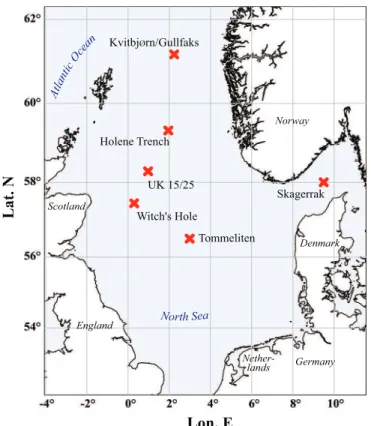 Fig. 1. Tommeliten, Gullfaks and other potential gas escape structures investigated for cur- cur-rent gas emission during the METROL research expeditions HE 169, HE 180, HE 208 and Alkor 267.