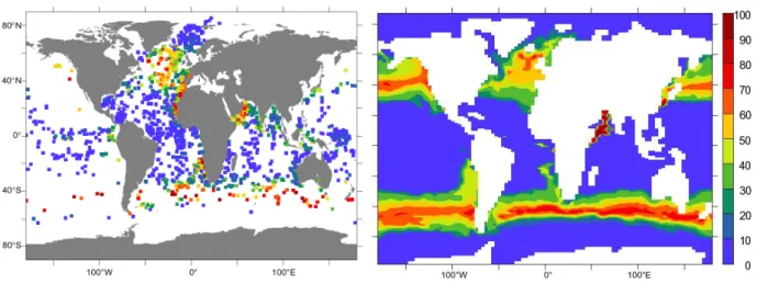 Fig. 4. G. bulloides relative abundances (%) from core-top (left) foraminiferal assemblages (Pflaumann et al., 1996; Marchant et al., 1998;