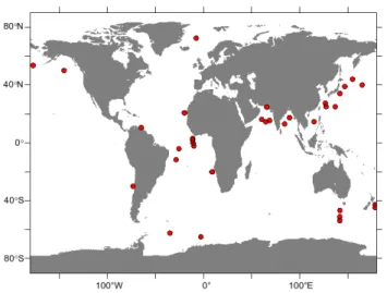 Fig. 1. Locations of the sediment-trap stations used to compare measured and modeled foraminiferal fluxes