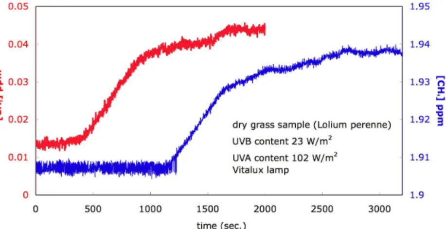 Figure  6:  CH   emission  observed  from  grass  under  UV  irradiation  in  compressed  air  (left  x-axi