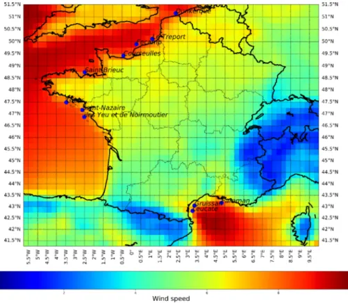 Fig. 10. Annual mean wind speed (ERA5 model) and location of the offshore wind farm projects