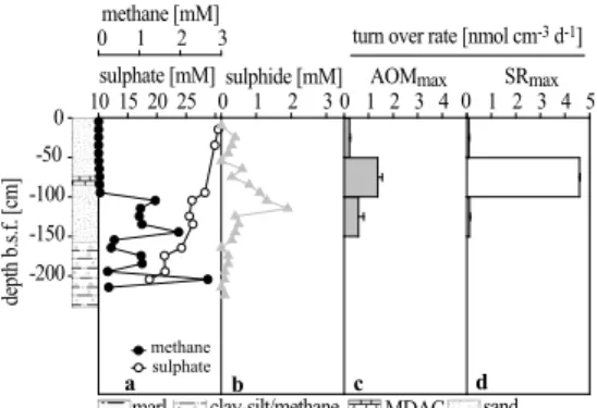 Fig. 5. Station 1866. (a) Methane and sulphate concentrations decline below carbonate bear- bear-ing sediments (100 cm b.s.f.)