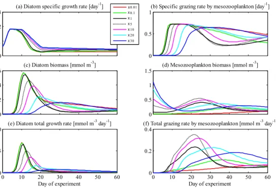 Fig. 8-2. Same as Fig. 8-1 but for Experiment 3 varying the initial mesozooplankton biomass ZL.