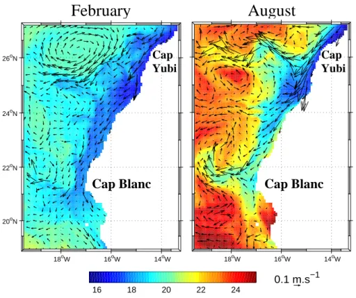 Fig. 3. Model SST ( ◦ C) and surface currents at 1 February (left) and 1 August (right), for the child domain.
