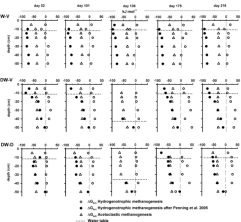 Fig. 8. Values of ∆ G for hydrogenotrophic ( ∆ G hm ) and acetoclastic methanogenesis ( ∆ G am ) over depth and selected time points as calculated according to the stoichiometry given in Table 1
