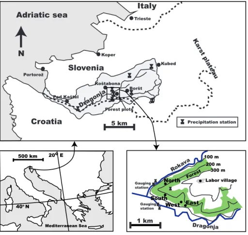 Fig. 2. Map showing the location of the four forest plots and meteorological stations.