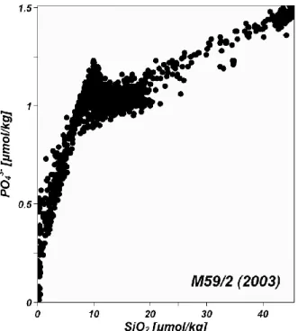 Fig. 5. Phosphate vs. silicate plot of the M59/2 cruise in the entire sNA. The phosphate-silicate relation shows concurrent linear increases of both parameters with depth with a distinct change of the relationship at about 12 µmol kg −1 