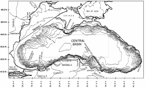 Fig. 1. Layout and bathymetry of the Black Sea basin. Depth contours are labelled in meters.