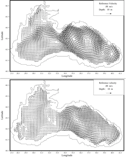 Fig. 4. Horizontal distribution of the general circulation simulated at 10 m in January (top) and in July (bottom) (currents in m s −1 ).