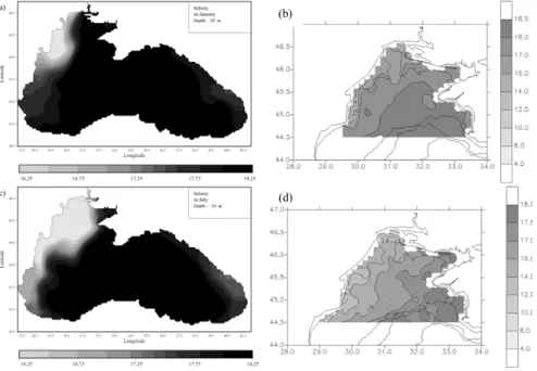 Fig. 5. Horizontal salinity distribution at 10 m in January: (a) and (b), in July: (c) and (d) simulated by the model (left) and reconstructed from in-situ data (right, S