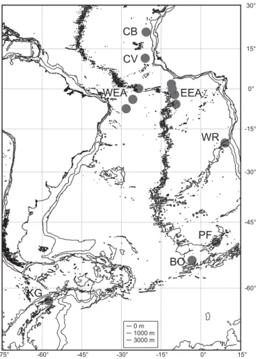 Fig. 1. Locations of the sediment trap mooring sites in the Atlantic Ocean (see Table 1)