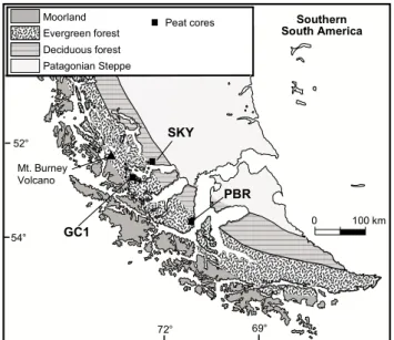 Fig. 1. Locations of the sample sites GC1, SKY, and PBR in the Magellanic Moorlands, Chile.