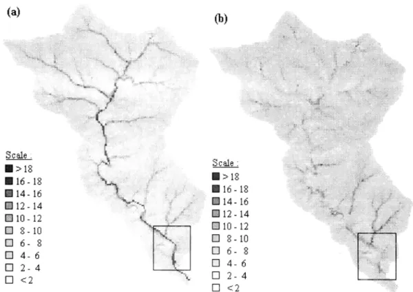 Figure 3.  Comparison  between  (a) the initial map of the topographic  index map and (b) the map calculated  by taking into account the river network