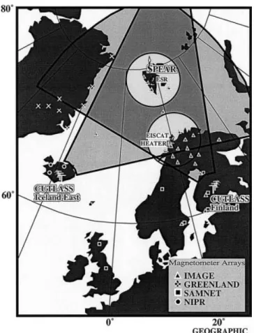 Fig. 1. An illustration of the location of Svalbard and SPEAR with respect to the CUTLASS ®elds of view and nearby magnetometer networks