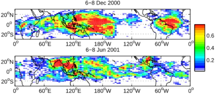 Fig. 9. The frequency of optically thin clouds in the TTL for three- three-day snapshots in northern hemisphere summer and winter