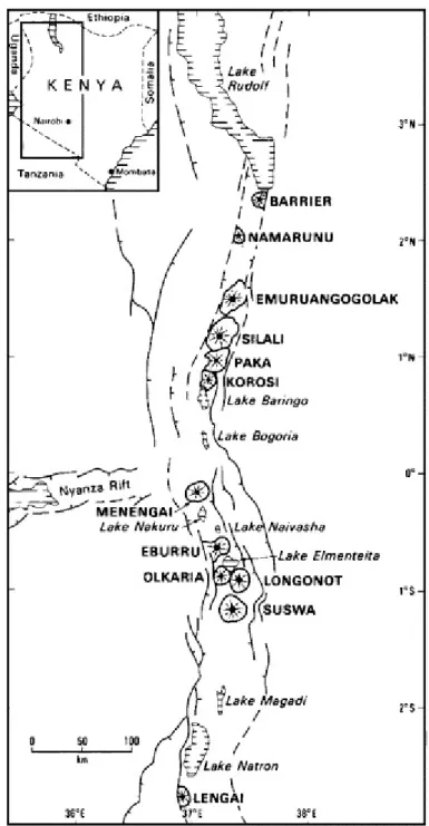 Fig. 1. Location of Recent peralkaline trachyte caldera volcanoes (Menengai, Longonot and Suswa) and  peralkaline rhyolite complexes (Eburru, Olkaria) in the south-central Kenya rift