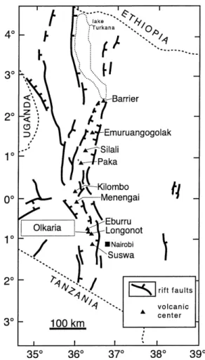 Fig. 1. Locality map of the Olkaria and Eburru rhyolitic complexes and of the nearby trachytic caldera volcanoes Longonot and Suswa.