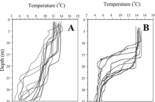 Fig. 2. Seawater temperature measured as a function of depth at the transect stations in 1998 (A) and 1999 (B)