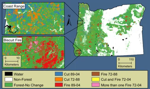 Fig. 2. Change detection map for Oregon with detail for selected areas.