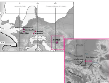 Fig. 1. Location of the Surduk loess sequence. Other series relevant to this study and mentioned in text are also shown.