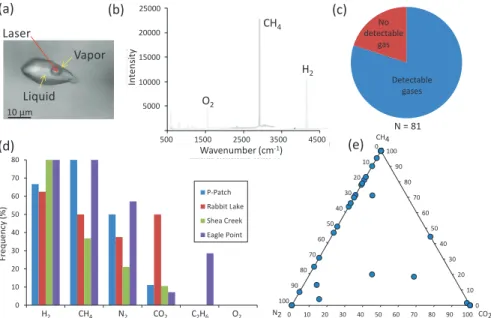Fig. 1. Gas composition of the vapor phase of fluid inclusions at room temperature for the Eagle Point, Shea Creek, Rabbit Lake and P-Patch  deposits
