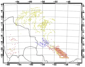 Fig. 8. Position of air parcels at time t c for cluster (a) (yellow dots) and cluster (b) (red dots)