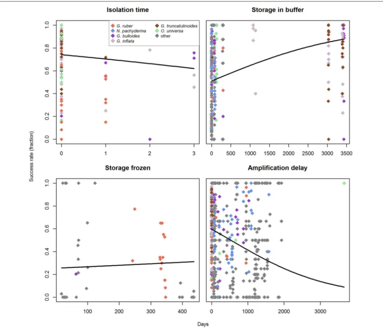 FIGURE 7 | Influence of the processing/storage times on amplification success rates in the molecular analysis of planktonic foraminifera