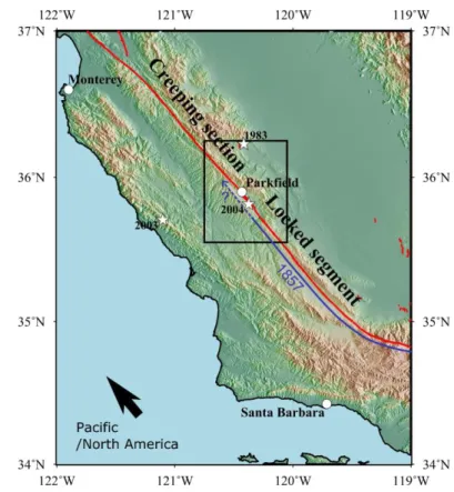 Figure 1. Setting of the Parkfield segment of the San Andreas Fault. This segment lies at the transition between  1008 
