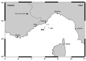 Figure 2. Locations of the three MERMAID floats (M30, M31, and M32) during their transmission of the Barcelonnette earthquake records.