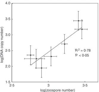Figure 4 Dot plot of zoospore DNA quantification versus zoospore counting for seven avr3a/avr3a homozygous isolates of Phytophthora infestans 