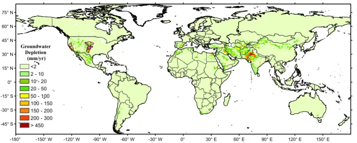 Figure 2 presents the spatial distribution of gross irrigation water withdrawal estimated by using the simulated net (consumptive) irrigation water requirement and reported country-based irrigation efﬁciency [D€ oll and  Sie-bert, 2002]