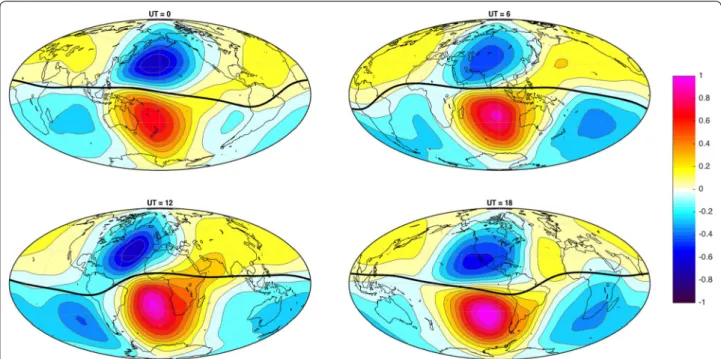 Fig. 14  (Normalized) induced equivalent current function Ψ 2  (currents formally assumed to flow at Earth’s surface), DIFI-2015b model, for April 1,  UT = 12  and F 10.7 = 100  SFU