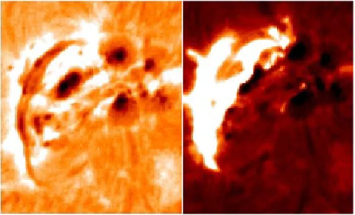 Fig. 1. Left: Magnetogram of the solar disk obtained with MDI/SOHO on 24 May 2003 at 9:36 UT