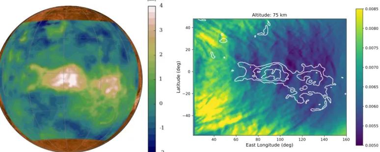 Figure 1. Elevation (in km) of the Aphrodite Terra region mapped on the Venus sphere (on the left), and the corresponding computed pressure map (in atm) at an altitude of 75 km, with Aphrodite Terra outlined in white ( on the right ) 