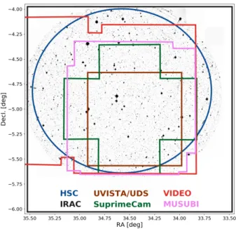Figure 1. Coverage maps from the HSC, IRAC, Suprime Cam instruments as well as the UVISTA/UDS, VIDEO, MUSUBI, and CFHTLS surveys for the SXDF shown  over-plotted on the HSC y-band mosaic