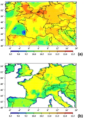Fig. 1. Logarithms (to the base 10) of anthropogenic (a) and biogenic (b) emission rates (in molecules·cm −2 ·s −1 ) specified in CHIMERE