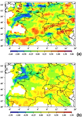 Fig. 8. Natural logarithms of the ratio of the a posteriori and a priori emissions estimates in the cases with (a) GOME NO 2 columns deconvoluted with simulated NO 2 columns (by CHIMERE) and (b) NO 2 columns derived from SCIAMACHY measurements in 2004.