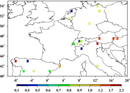 Fig. 11. The absolute values of ratios of the “a posteriori” and “a priori” biases defined as the differences between the average values of the modelled and observed NO 2 concentrations for a given EMEP site