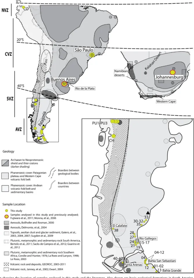 Fig. 1. Map showing the location of samples analysed in this study and the literature