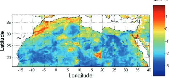 Figure 2: Map of log 10 (Z 0 ) derived from POLDER-1 products and completed using a  geomorphologic approach at the ¼°×¼° spatial resolution (Z 0  is in cm, data  available  on: www.lisa.univ-paris12.fr)